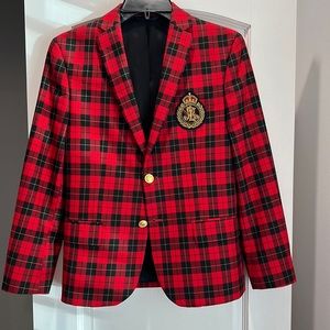 Boys Ralph Lauren red plaid blazer with crest had altered should fit size 12